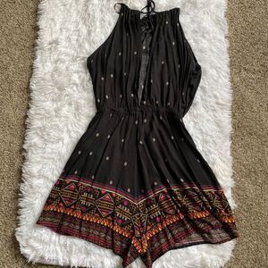 H&M Coachella Shorts Romper Black Aztec Elastic Waist Tie Neck Pockets Viscose 8